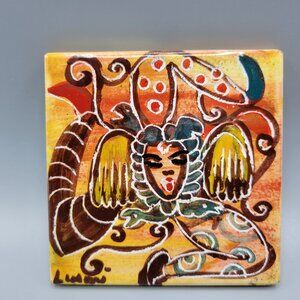 Vtg Signed Hand Painted Ceramic Tile Art With Mask Design Made In Italy 4"x4"